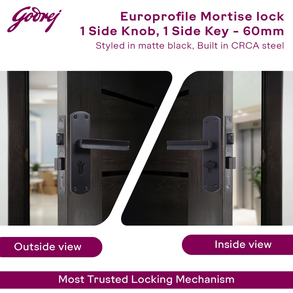 Godrej Mortise Lock I EuroProfile 60mm Cylinder | EM05 | Double Throw Deadbolt | Common Keys | Reversible Latch | Matte Black Finish | Anti-Corrosion Brass Body | 5 Year Warranty